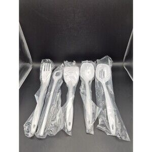 Vtg Melamine Kitchen Utensils 5pcs White Slotted Spoon Spatula Fork NIP